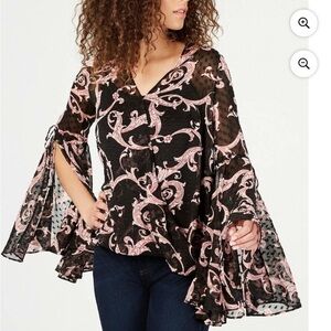 INC Sheer Dot Black & Pink Print Blouson Top - Split Balloon Sleeves, Size Large